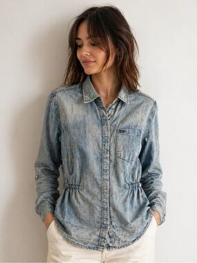 Obey Light Wash Denim Button-Down Shirt medium